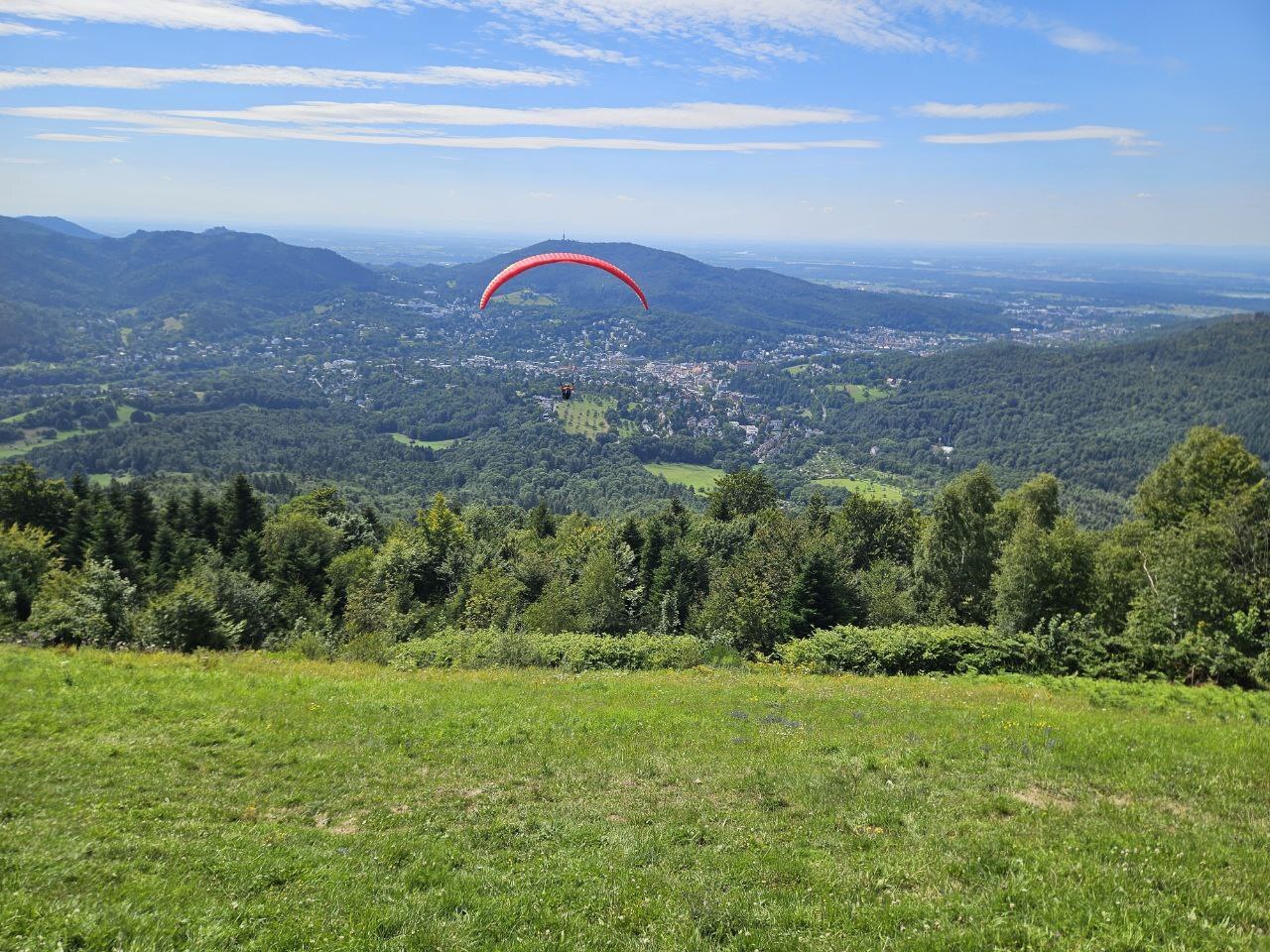 Blick vom Gleitschirm auf die Landschaft des Schwarzwaldes