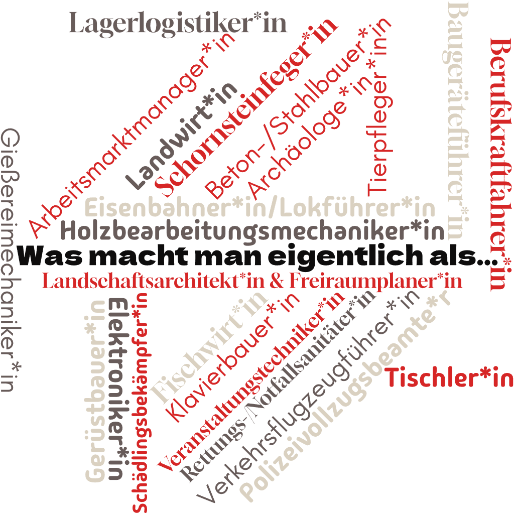 Elektroniker*in, Eisenbahner*in/ Lokführer*in, Beton- & Stahlbetonbauer*in, Berufskraftfahrer*in, Baugeräteführer*in, Archäologe*in, Arbeitsmarktmanagement, Verkehrsflugzeugführer*in, Tischler*in, Tierpfleger*in, Schornsteinfeger*in, Schädlingsbekämpfer*in, Rettungs-/ Notfallsanitäter*in, Polizeivollzugsbeamte*r, Landwirt*in, Landschaftsarchitekt*in & Freiraumplaner*in, Klavierbauer*in, Holzbearbeitungsmechaniker*in, Gießereimechaniker*in, Gerüstbauer*in, Fischwirt*in, Veranstaltungstechniker*in, Lagerlogistik