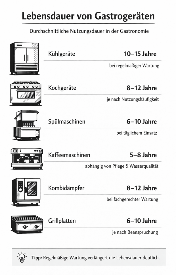Durchschnittliche Lebensdauer verschiedener Gastronomiegeräte.