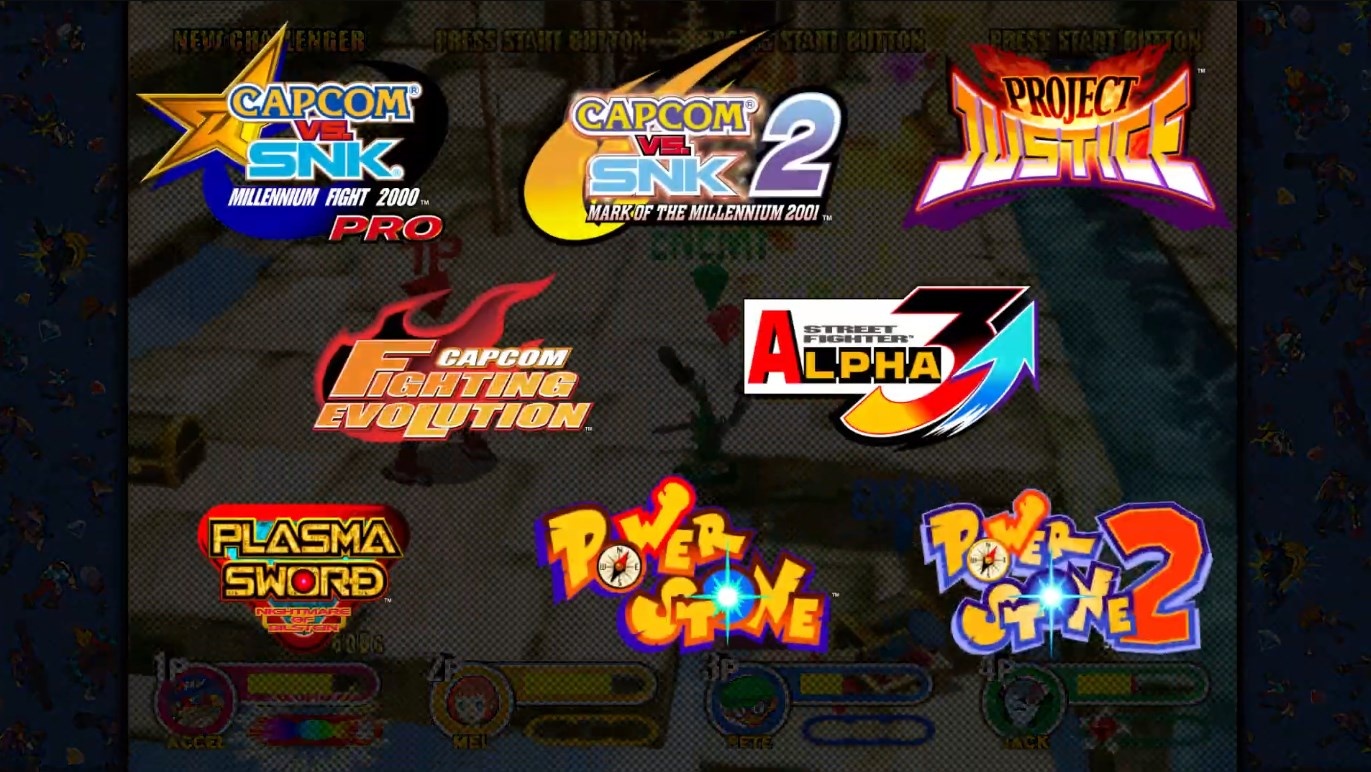 The logo of the eight capsat work fighting Games topped a matte screenshot of Power Stone 2 (2000). The logo is from left to right, from top to bottom: Cape work vs SN's Pro (2001), Caprick work vs. SN 2: Mark of Millennium 2001 (2001), Project Justice (2000), Cape Coming Fighting Evolution (2004), Street Fighter Alpha 3 Upper (2001), Plasma Power (Power Stone), Power Stone, Power Stone. The logo of the eight capsat work fighting Games topped a matte screenshot of Power Stone 2 (2000). The logo is from left to right, from top to bottom: Cape work vs SN's Pro (2001), Caprick work vs. SN 2: Mark of Millennium 2001 (2001), Project Justice (2000), Cape Coming Fighting Evolution (2004), Street Fighter Alpha 3 Upper (2001), Plasma Power (Power Stone), Power Stone, Power Stone.