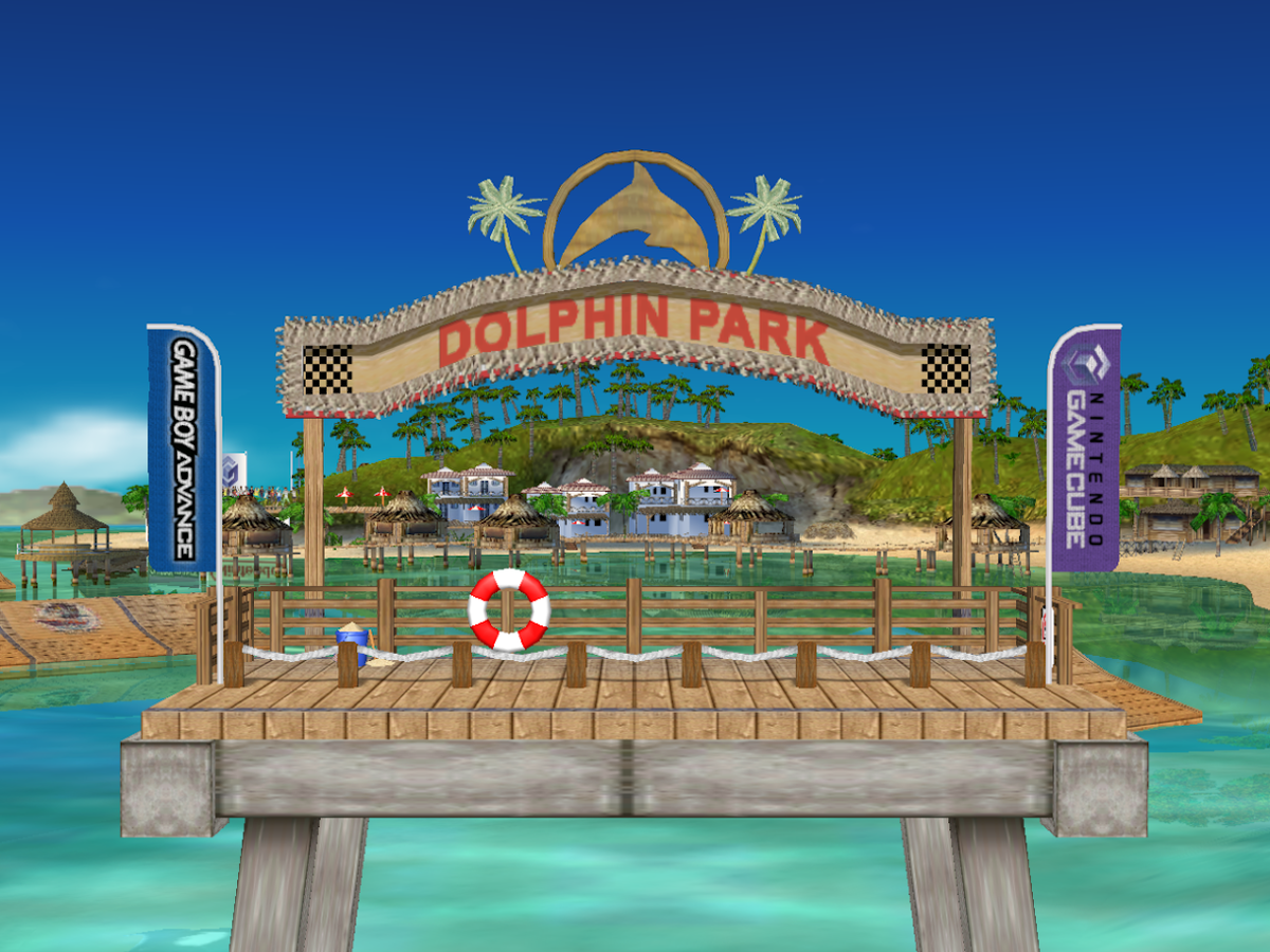A screenshot of the Dolphin Park, a bay, has banners that represent Boy Advance and Nintendo Game Cube, from Akia Blood V1.0 (2025). A screenshot of the Dolphin Park, a bay, has banners that represent Boy Advance and Nintendo Game Cube, from Akia Blood V1.0 (2025).