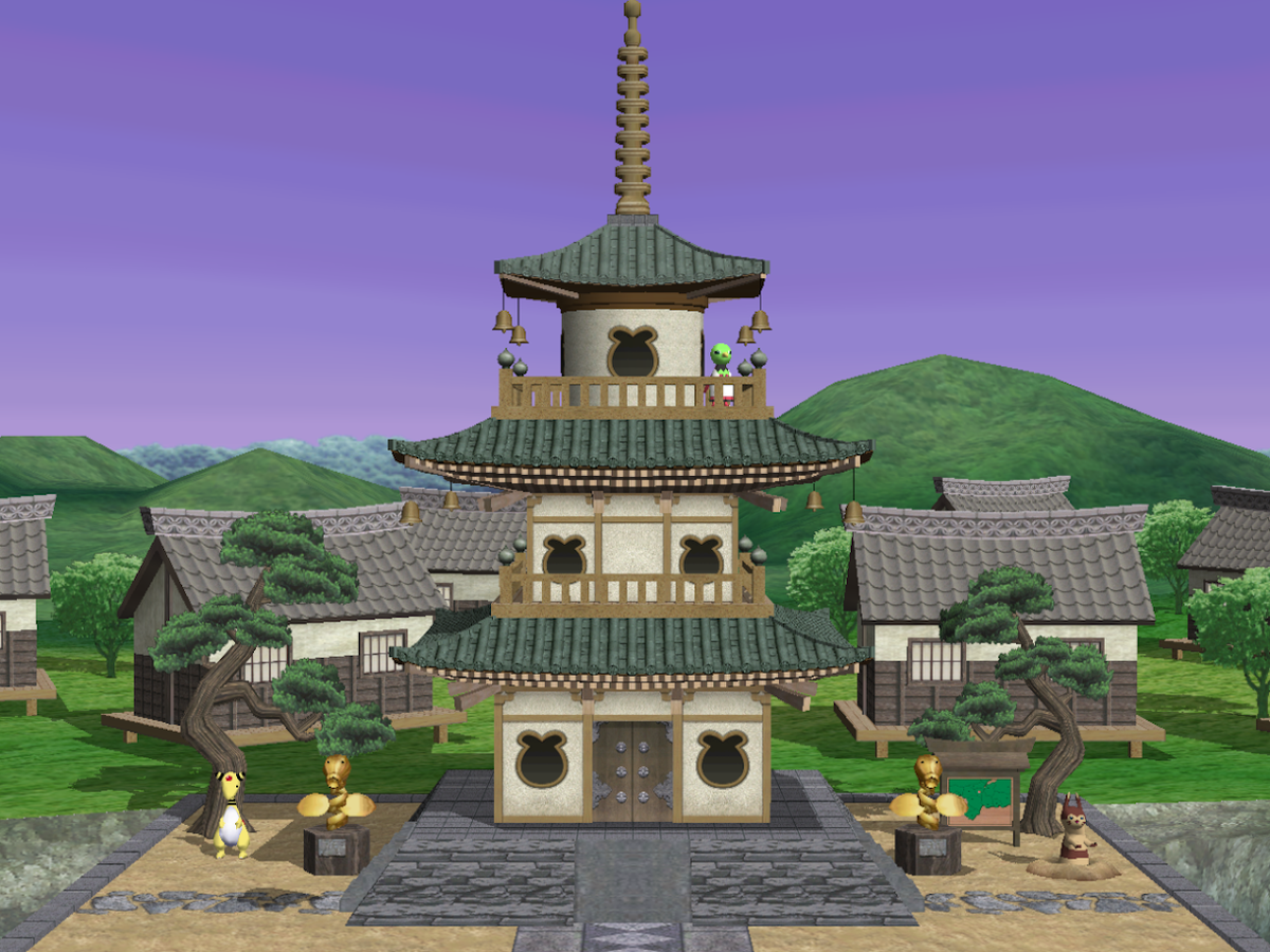 A screenshot of the Ankrit Tower, a Japanese -style building surrounded by a body of trees, pokemon and water from Akinia Blood V1.0 (2025). A screenshot of the Ankrit Tower, a Japanese -style building surrounded by a body of trees, pokemon and water from Akinia Blood V1.0 (2025).